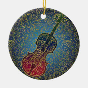 Guld- Filigree för violoncell - färgrik musik Julgransprydnad Keramik