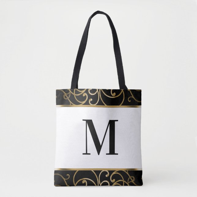 Guld Filigree Gräns Monogrammed Tote Tygkasse (Framsida)