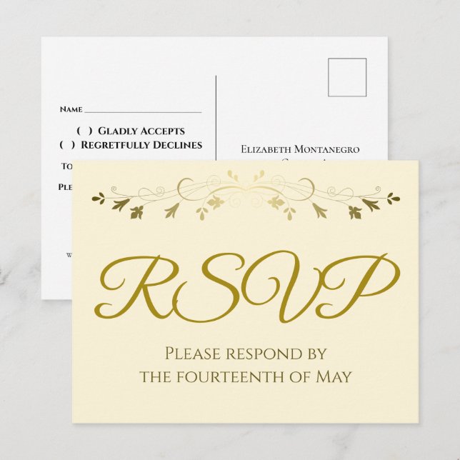 Guld Filigree Kant Elegant Kräm Bröllop RSVP Vykort (Fram/baksida)