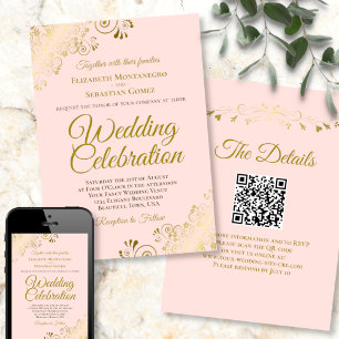 Guld Filigree on Rosa Elegant QR Code Bröllop Inbjudningar