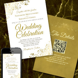 Guld Filigree on White Elegant QR Code Bröllop Inbjudningar