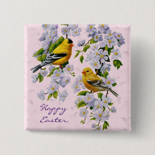 Guld Finch Birds & Apple Träd Rosa Knapp