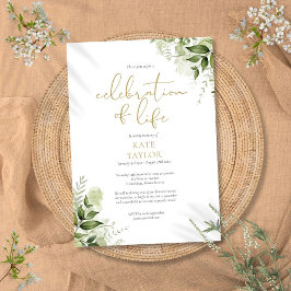 Guld firande av liv grönska blomsterbegravning inbjudningar