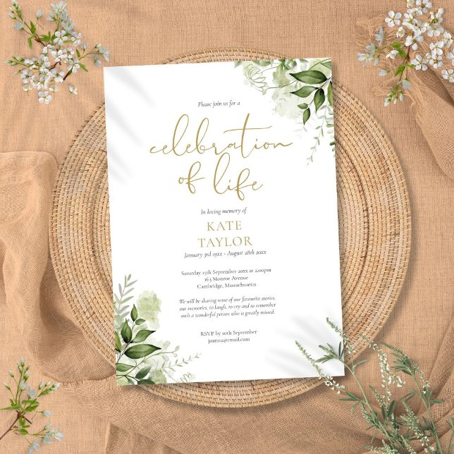 Guld firande av liv grönska blomsterbegravning  inbjudningar (Gold Celebration of Life Greenery Floral Funeral Invitation)