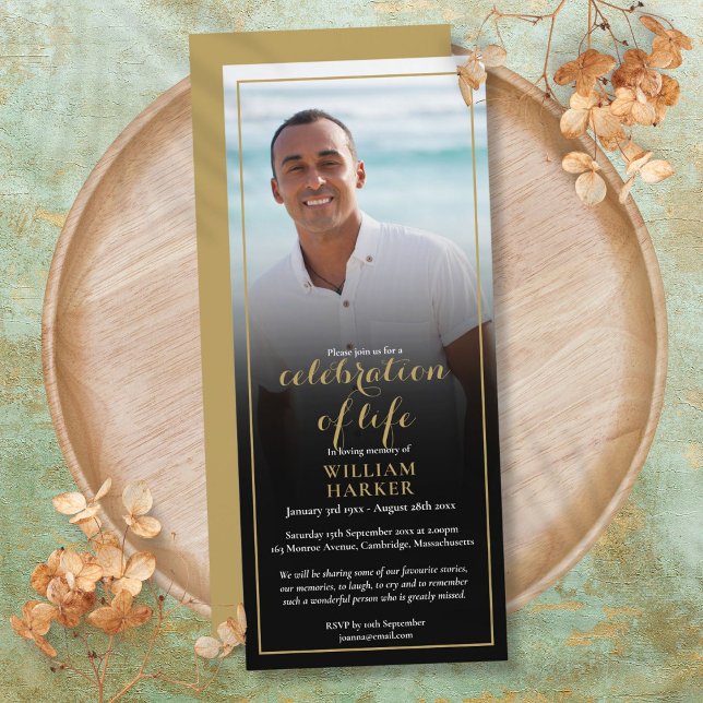Guld Firande i livets fotobegravning Inbjudningar (Gold Celebration of Life Photo Funeral Invitation)
