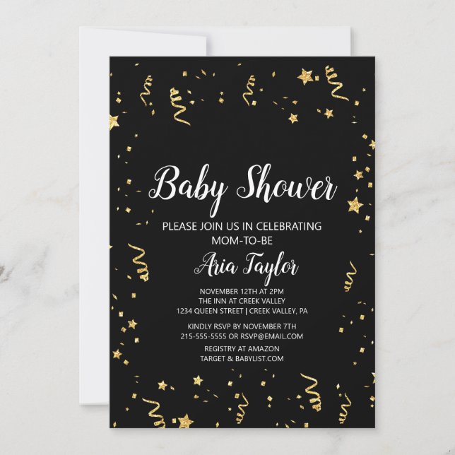 Guld Firande på Black Calligraphy Baby Shower Inbjudningar (Framsida)