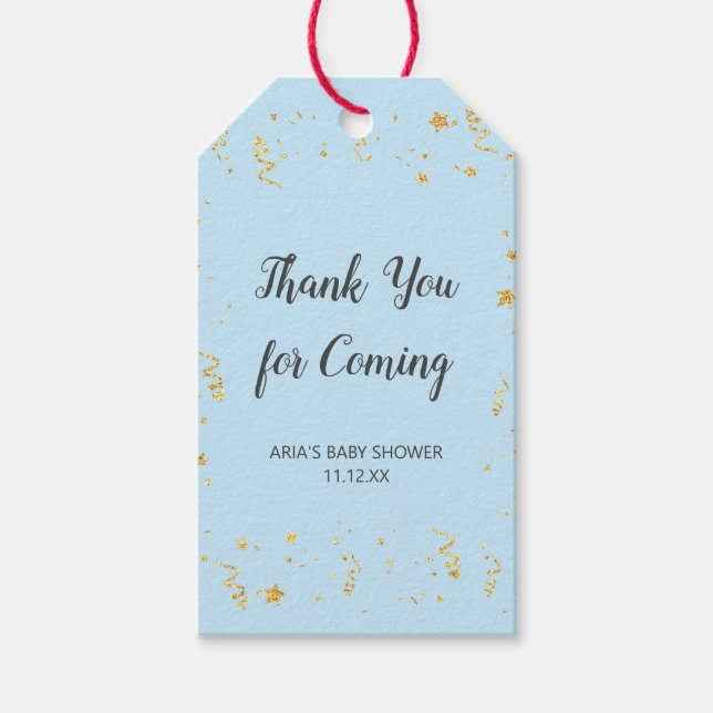 Guld Firande på Blue Baby Shower-favoriten Presentetikett (Framsidan)
