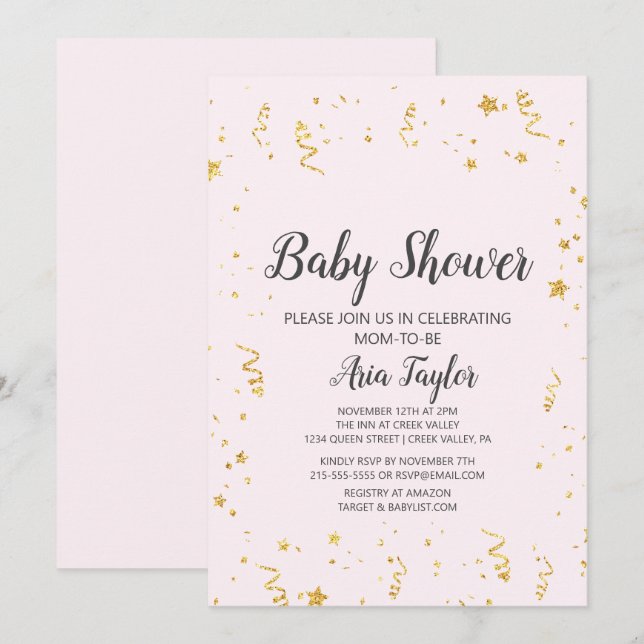 Guld Firande på Rosa Calligraphy Baby Shower Inbjudningar (Fram/baksida)
