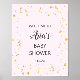 Guld Firande på välkomstskylt för babyskor i Rosa Poster