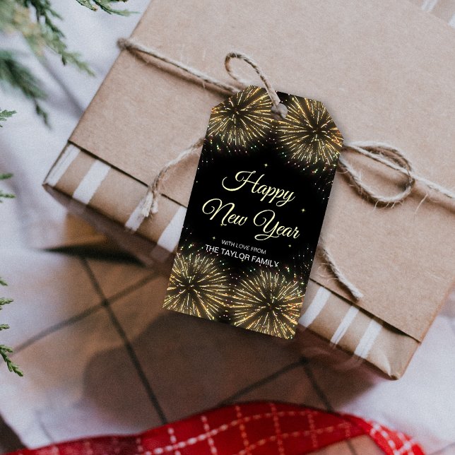 Guld Fireworks 2024 Gott nytt år Presentetikett (Gold Fireworks 2024 Happy New Year Gift Tags)