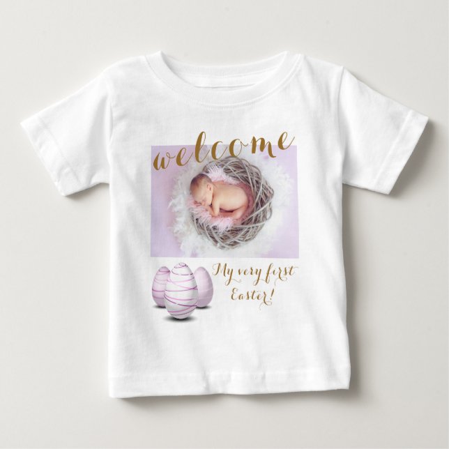 Guld First Påskägg Välkommen Photo Baby Announce T Shirt (Framsida)