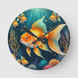 Guld Fisk i undervatten Rund Klocka