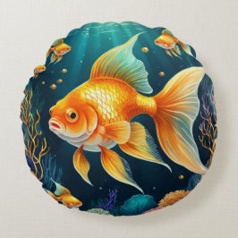 Guld Fisk i undervatten Rund Kudde