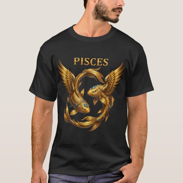 Guld Fiskar Zodiak Bevingad Fisk Design T Shirt (Framsida)