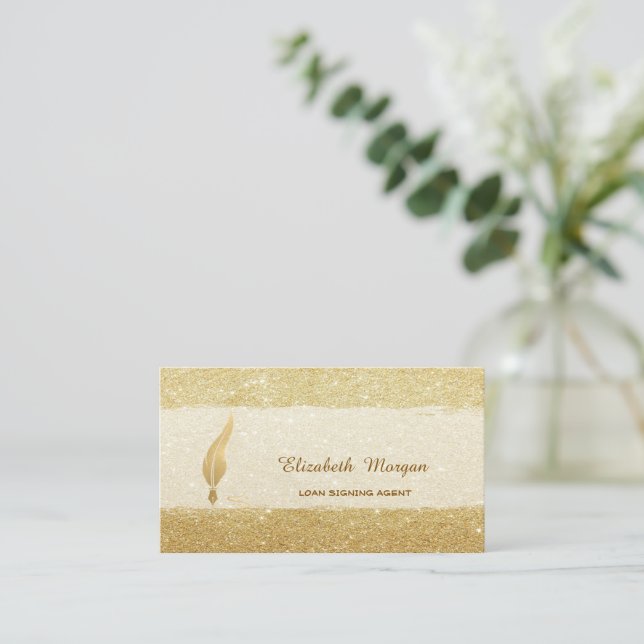 Guld Fjäder Notarie Guld Glitter Visitkort (Stående Fram)