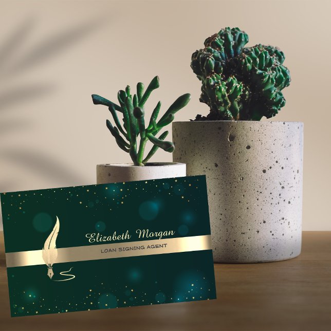 Guld Fjäder Rand Champagne Notarie Grön Visitkort (Skapare uppladdad)
