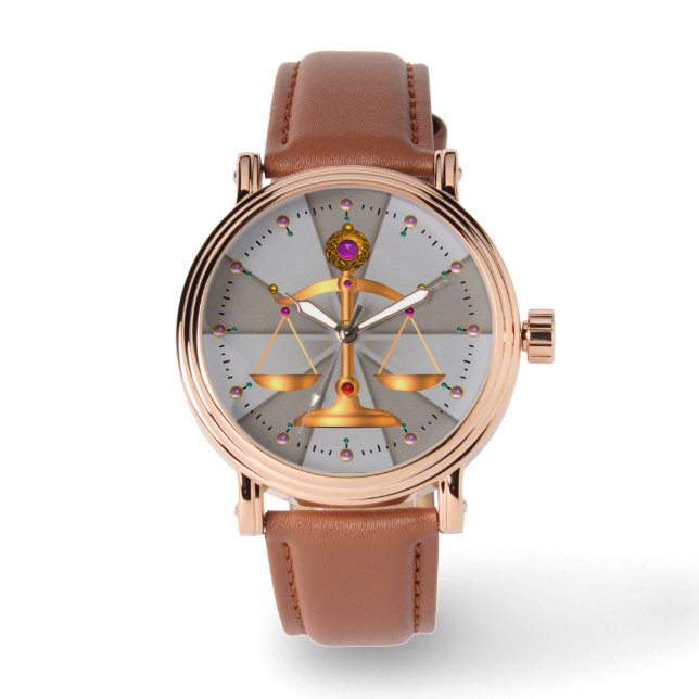 GULD- FJÄLL AV LAG, GEMSTENAR, rättvisasymbolgrå Armbandsur (Framsida)