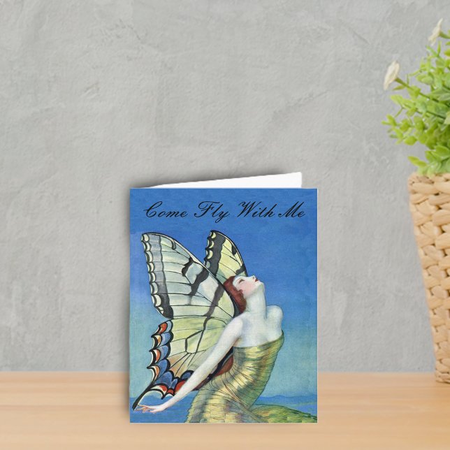 Guld Fjäril Älva Notkort Kort (Pretty red haired fairy gold dress monarch butterfly wings blue sky on notecard.)