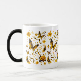 Guld Fjäril Blommig Mugg | Elegant Svart Handtag