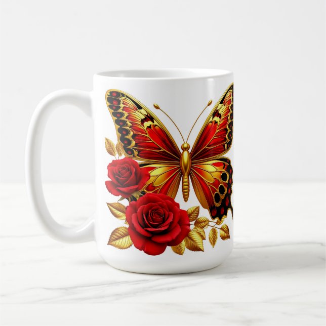 Guld fjäril med röda rosor och gyllene blad kaffemugg (Vänster)
