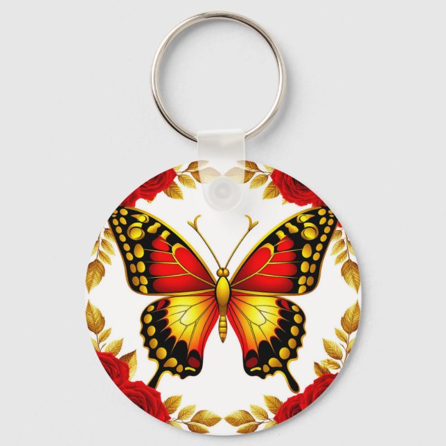 Guld Fjäril Med Rosor För Vardaglig Stil 🦋 Nyckelring (Framsida)