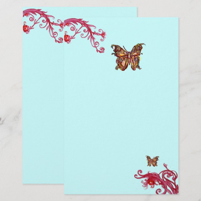 GULD FJÄRIL OCH RÖDA BÄR Teal Blå Blommig Brevpapper (Fram/baksida)