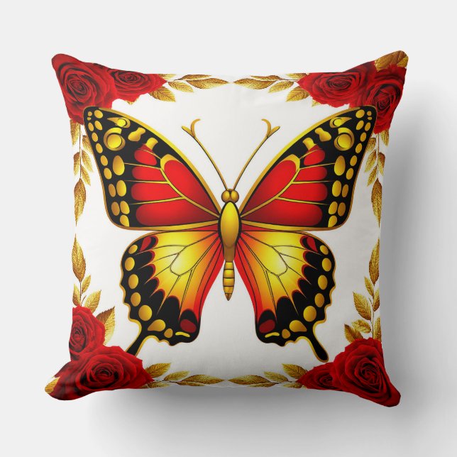 🦋 Guld Fjäril Röda Rosor Lyx Hemstil ✨ Kudde (Framsida)