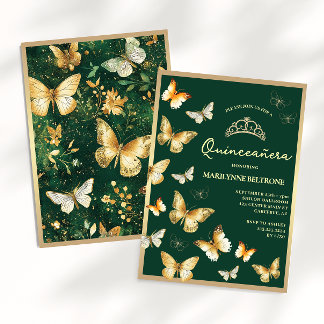 Guld fjäril smaragdgrön Quinceañera Inbjudningar