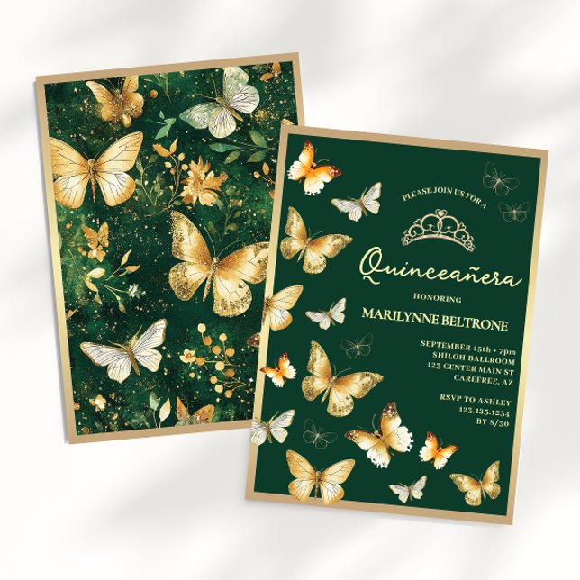 Guld fjäril smaragdgrön Quinceañera Inbjudningar (Skapare uppladdad)