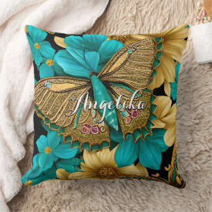 Guld Fjäril Teal Blommor Personligt Namn Kudde