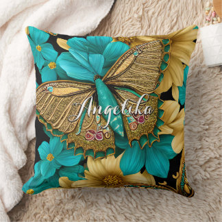 Guld Fjäril Teal Blommor Personligt Namn Kudde