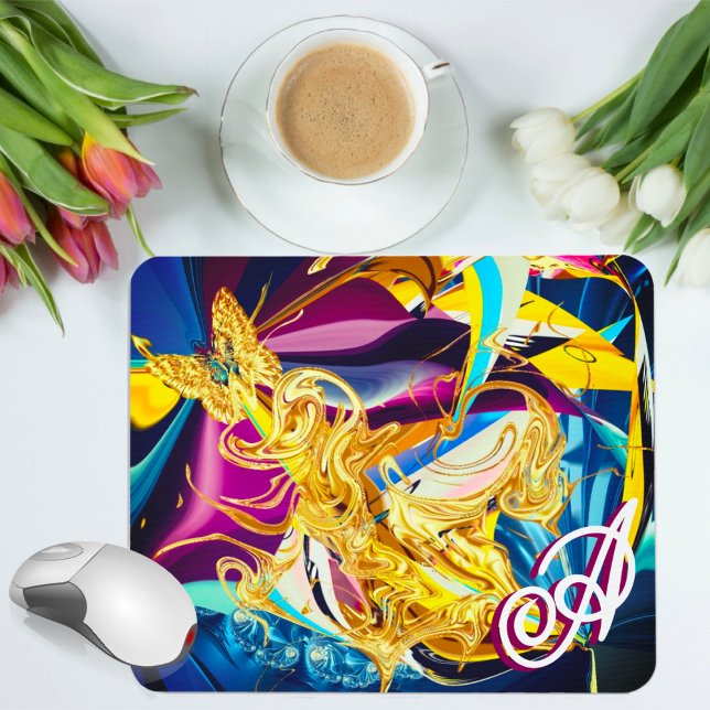 Guld Fjäril Vibrerande Monogram Flytande Abstrakt Musmatta (Skapare uppladdad)