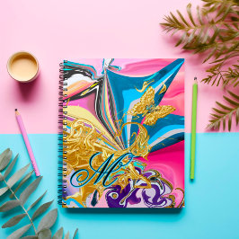 Guld Fjärilsblomma Monogram Flytande Abstrakt Anteckningsbok
