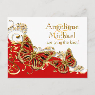 Guld- fjärilsbröllop för röd vit meddelande vykort