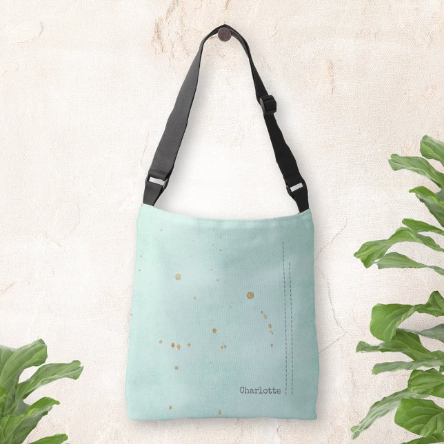 Guld fläckar Grunge minimalialist Namn Light Blue Axelväska (Gold stains Grunge Minimalist Name Light Blue Crossbody Bag ©Susanne Sachers - Sunny Mind Design 🌞)