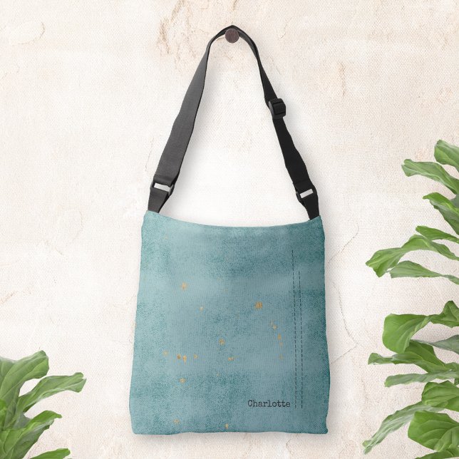 Guld fläckar Grunge Minimalist Namn Grönt Blue Axelväska (Gold stains Grunge Minimalist Name Green Blue Crossbody Bag©Susanne Sachers - Sunny Mind Design 🌞
)