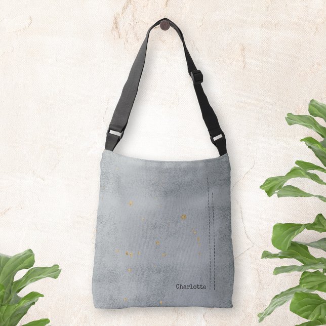 Guld fläcks Grunge minimalist Namn Light Grått Axelväska (Gold stains Grunge Minimalist Name Light Gray Crossbody Bag ©Susanne Sachers - Sunny Mind Design 🌞)