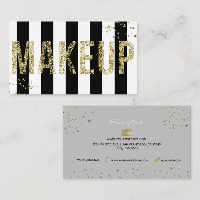 Guld Flakes Glitter Black White Minimal Makeup Visitkort (Fram/baksida)