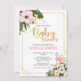 Guld Flamingo Baby Shower för Tropical Blommigt Inbjudningar