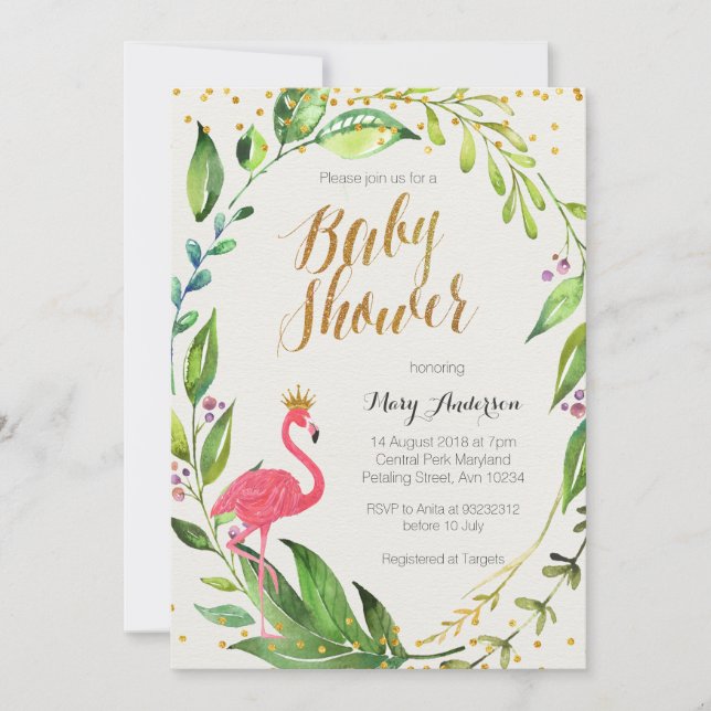 Guld Flamingo Baby Shower-inbjudan Inbjudningar (Framsida)