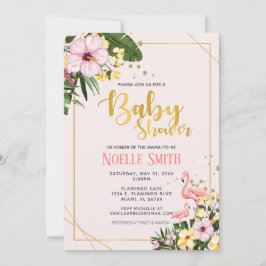 Guld Flamingo Rosa Baby Shower för Tropical Blommi Inbjudningar