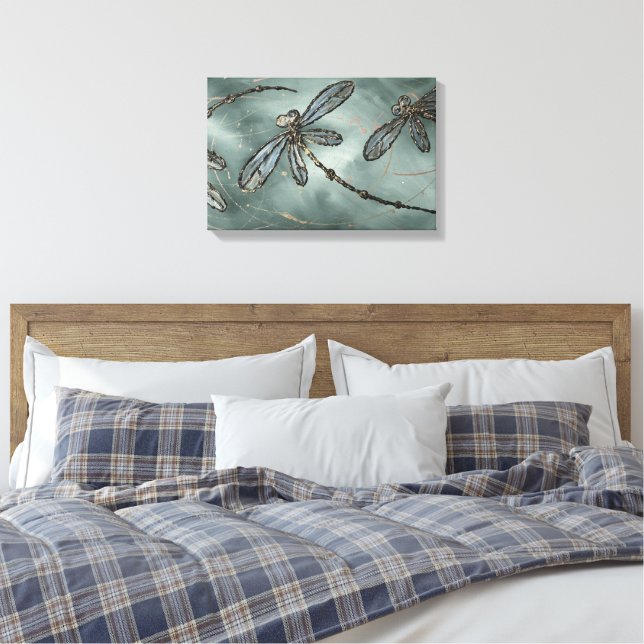 Guld Fleck Dragonflies på Gunmetal Grått Canvastryck (Insitu (sovrum))