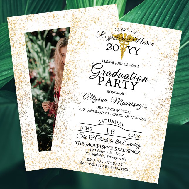 Guld Flecks Photo Nursing School | Med Studenten Inbjudningar (Faux Gold Flecks Photo Nursing School | Medical Graduation Party Invitation - Print | Digital)