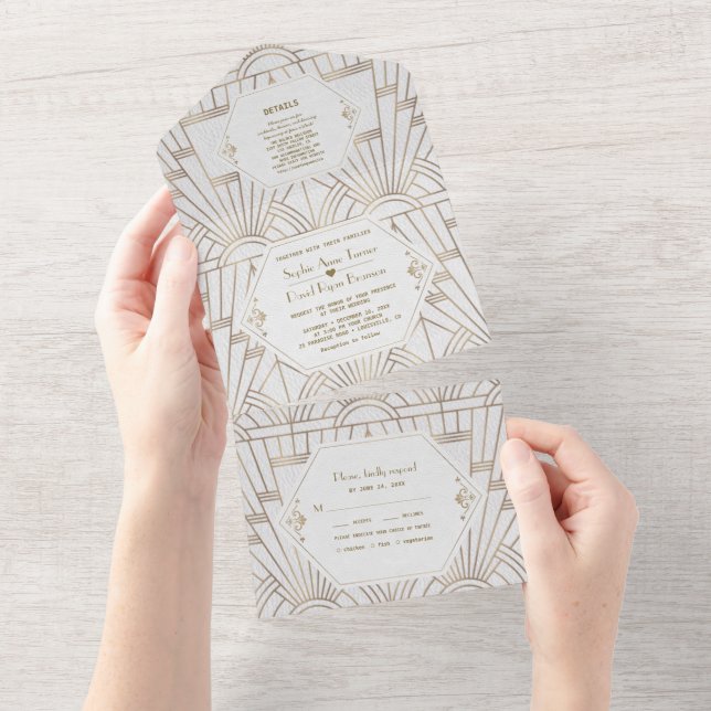 Guld Fleur-de-lis Art Deco Underbar Gatsby Bröllop (Tearaway)