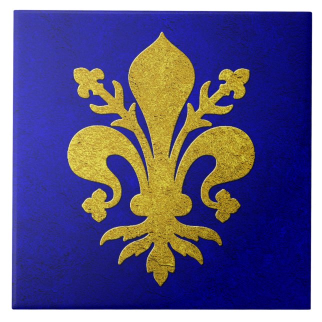 Guld Fleur-de-lis Blue Background Kakelplatta (Framsidan)