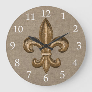 Guld Fleur de Lis Faux Burlap Stor Klocka