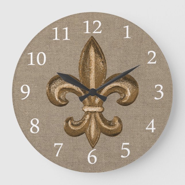 Guld Fleur de Lis Faux Burlap Stor Klocka (Framsida)