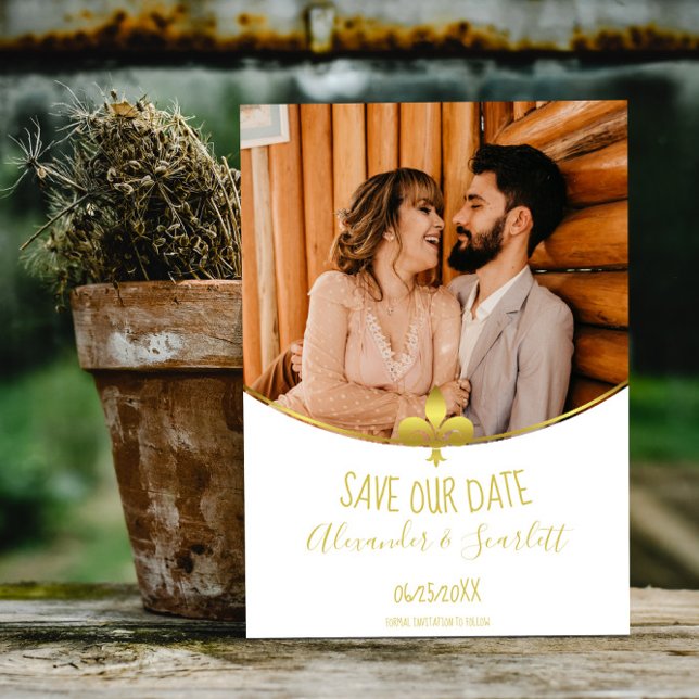 Guld Fleur de Lis Foto Spara datumet Annonsering Meddelande (Gold Fleur de Lis Photo Save the Date)