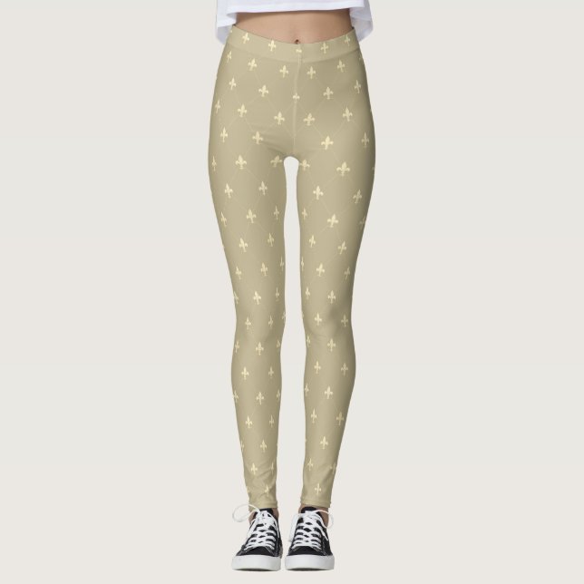 Guld Fleur-de-Lis Latte Brown Leggings (Framsida)