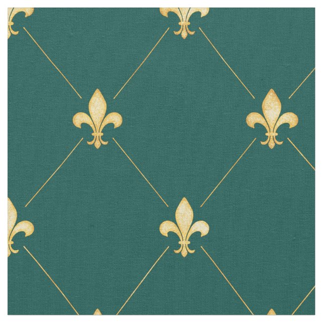 Guld Fleur-de-Lis (medium ) Teal Grönt Tyg (Närbild)